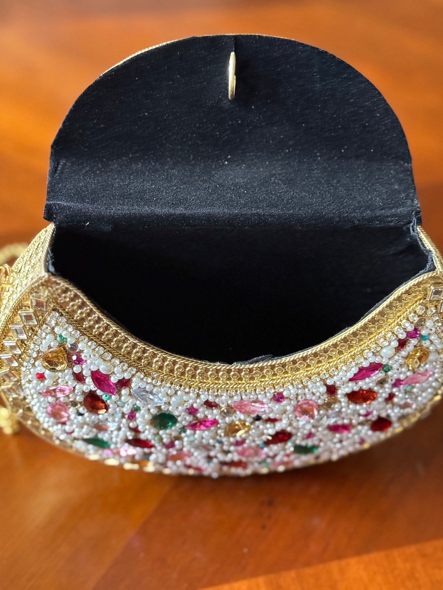 Sahil | Large Handmade Kundan Clutch - open view - R&W Aesthetics