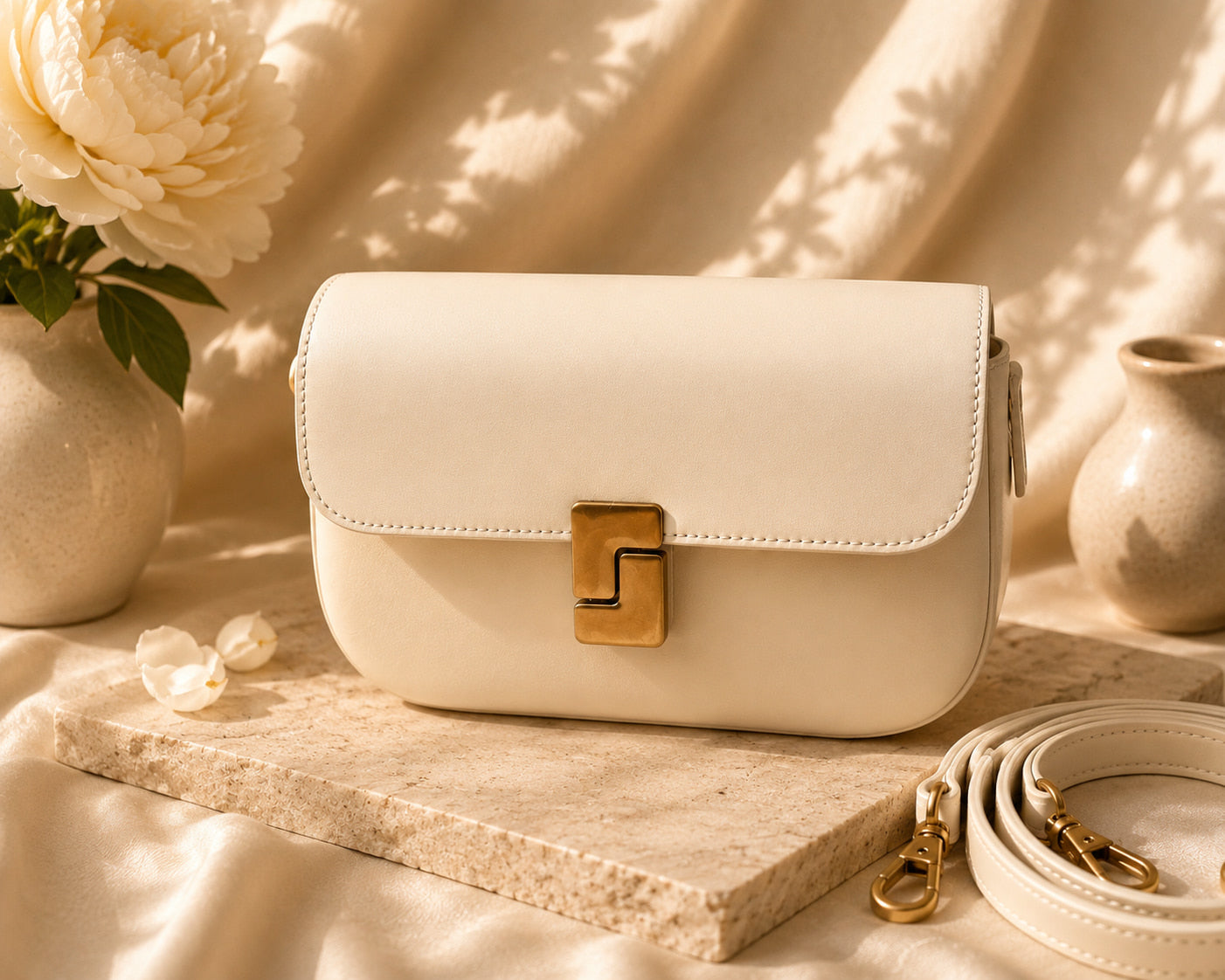 White handbag with gold clasp on a marble surface with decorative elements