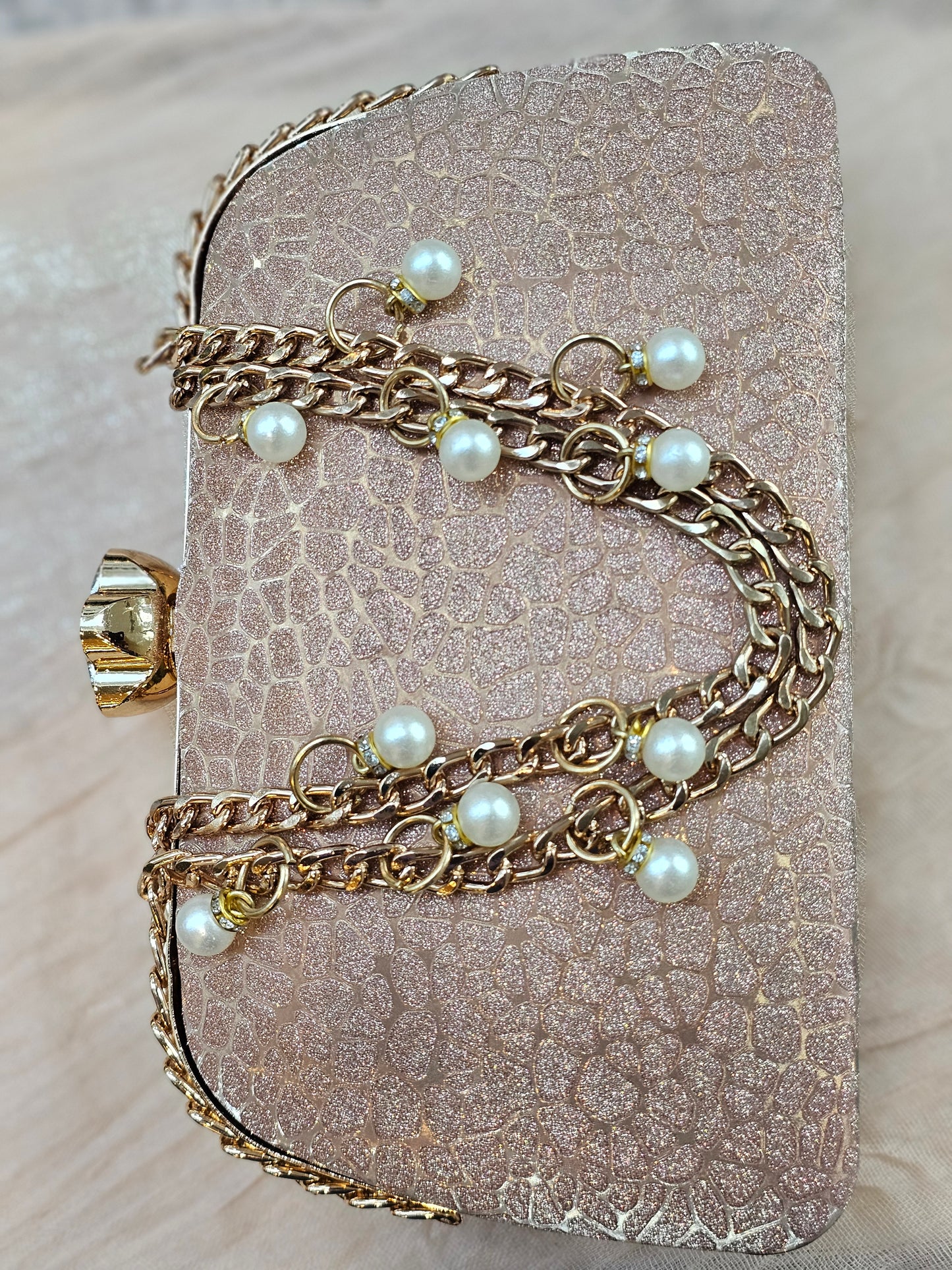 Pink Flowered Gem Evening Bag with chain - Clutch