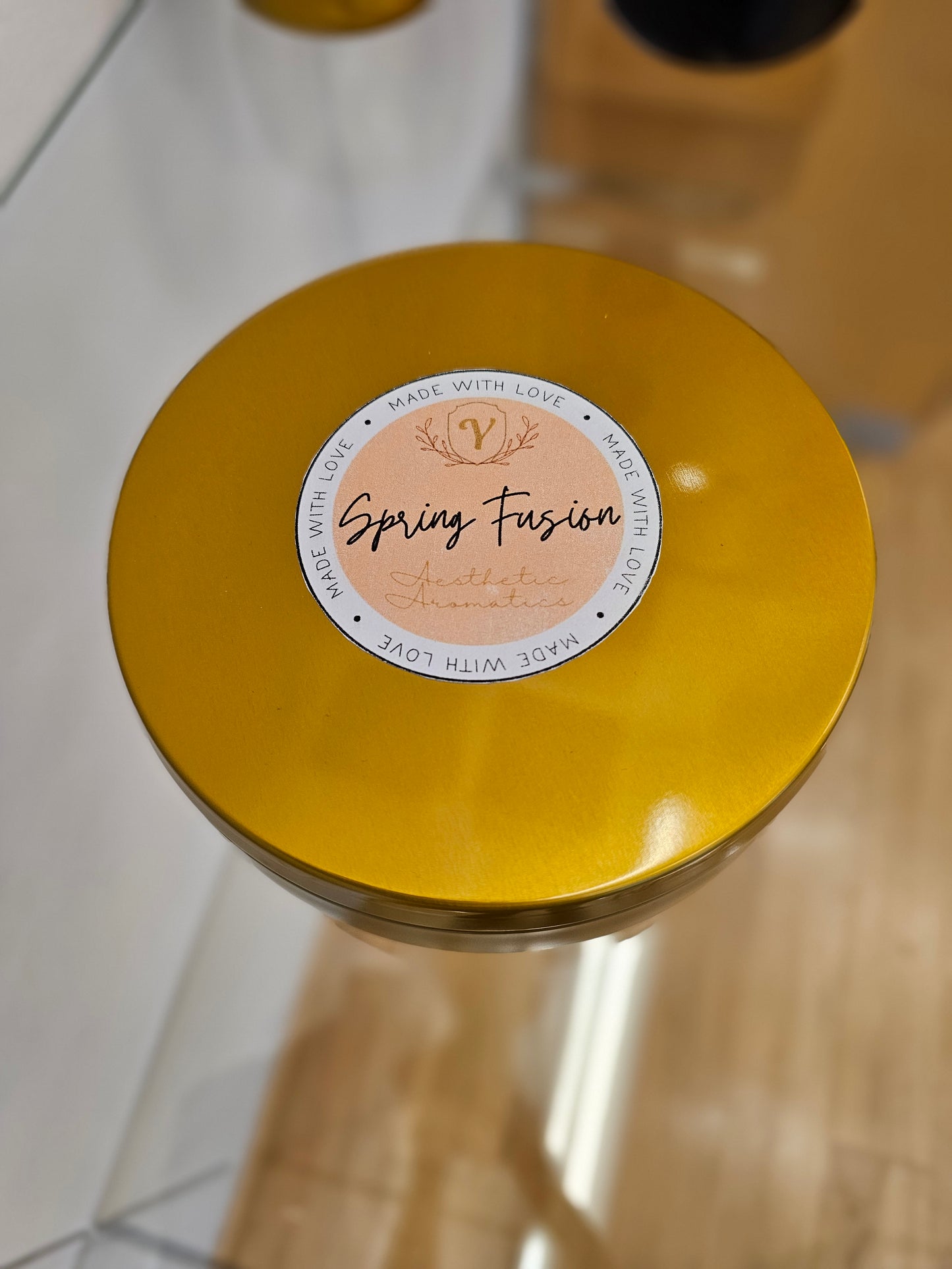 Spring Fusion Luxury Scented 3-wicks Candle collection for sale at Lincolnwood Town Center in Golden jar