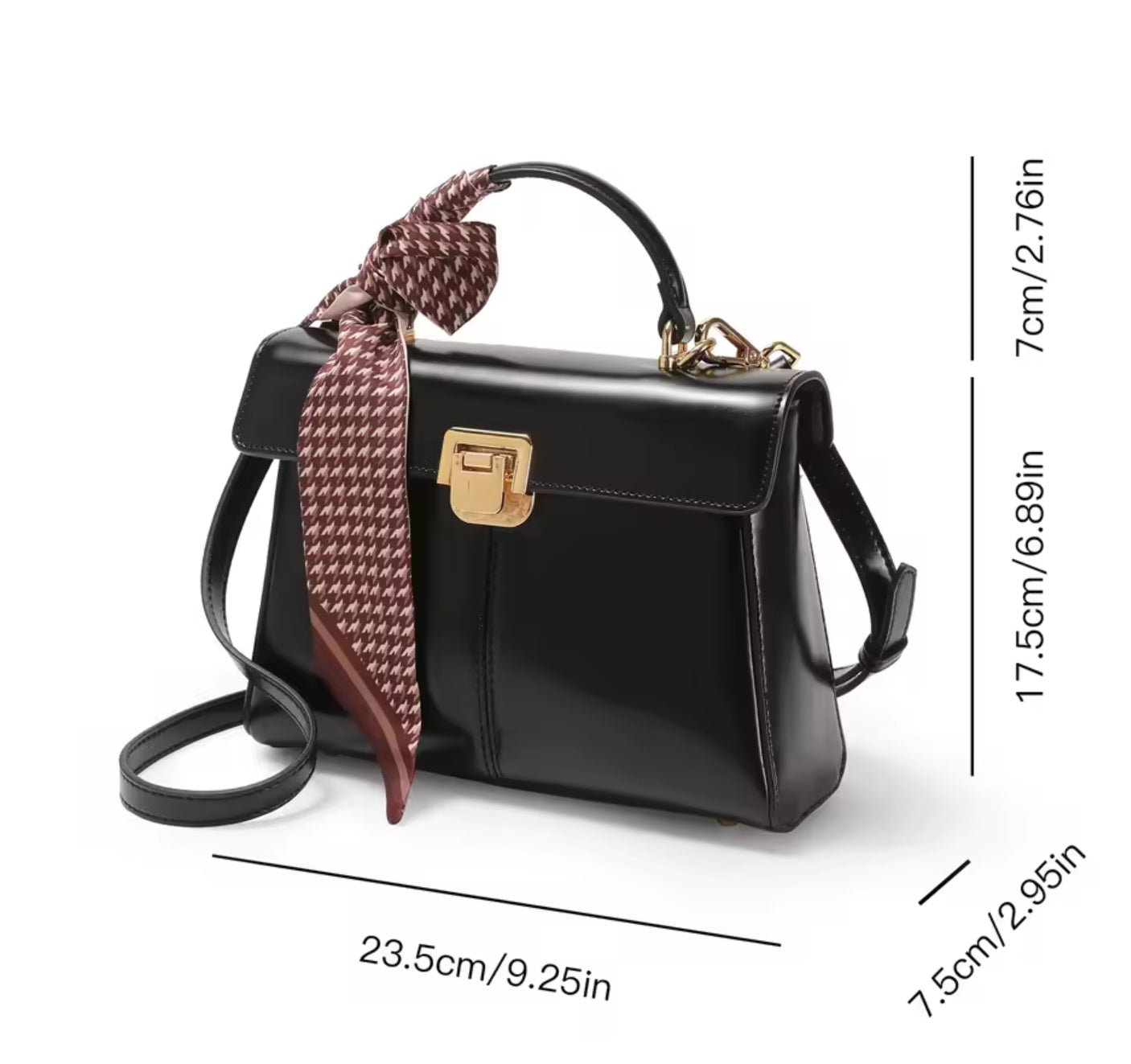 Black Genuine Leather Crossbody bag with Scarf Decor
