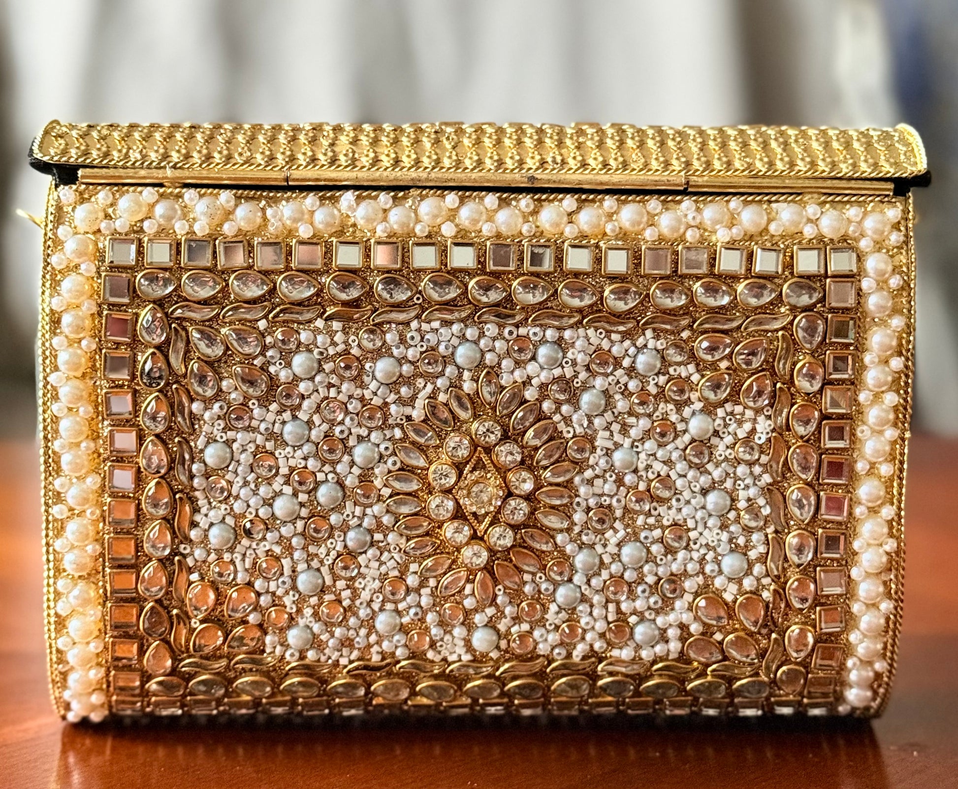 Mughal | Large Handmade Kundan Clutch - close-up - R&W Aesthetics