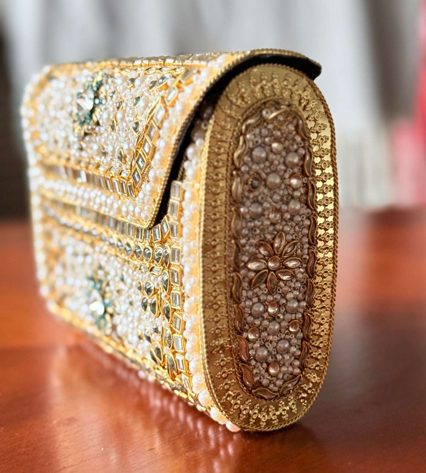 Mughal | Large Handmade Kundan Clutch - side view - R&W Aesthetics