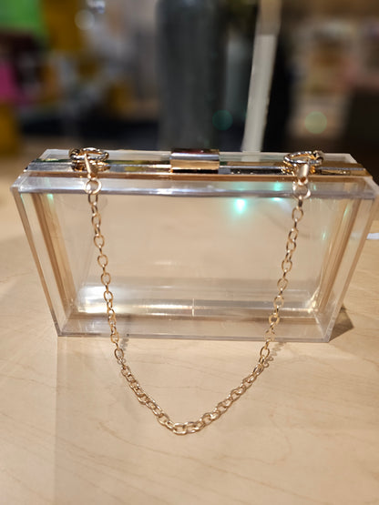 Clear Acrylic Box Clutch with gold trim