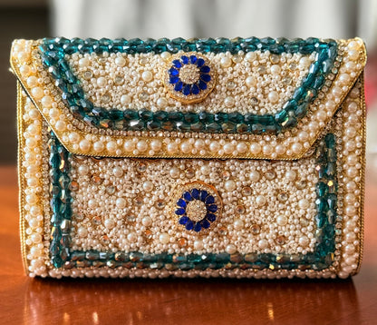 Mughal Saphire| Large Handmade Kundan Clutch - side view - R&W Aesthetics