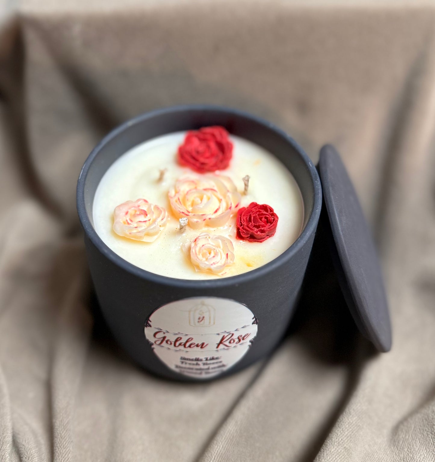 Golden Rose Luxury Candle - side view - R&W Aesthetics