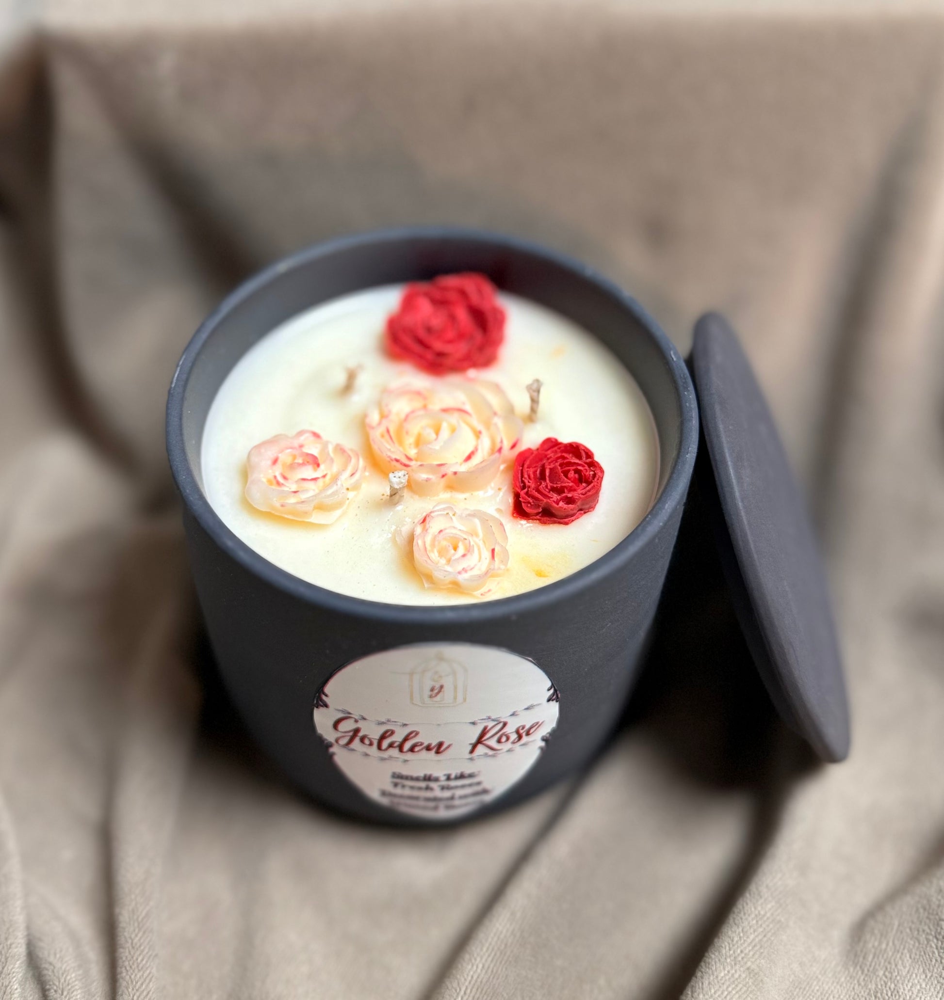 Golden Rose Luxury Candle - side view - R&W Aesthetics