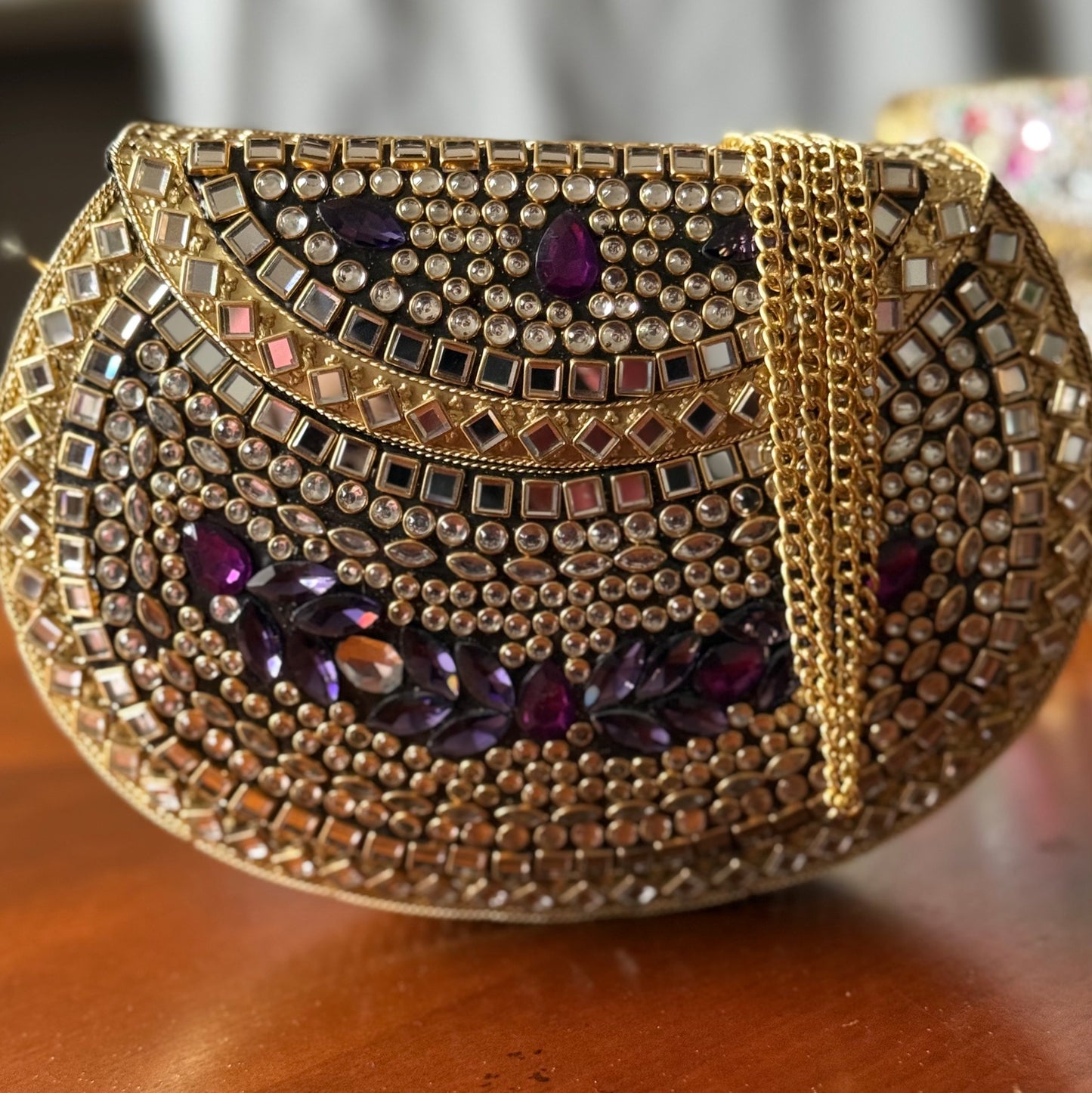Purple Gem | Large Handmade Kundan Clutch - front view - R&W Aesthetics