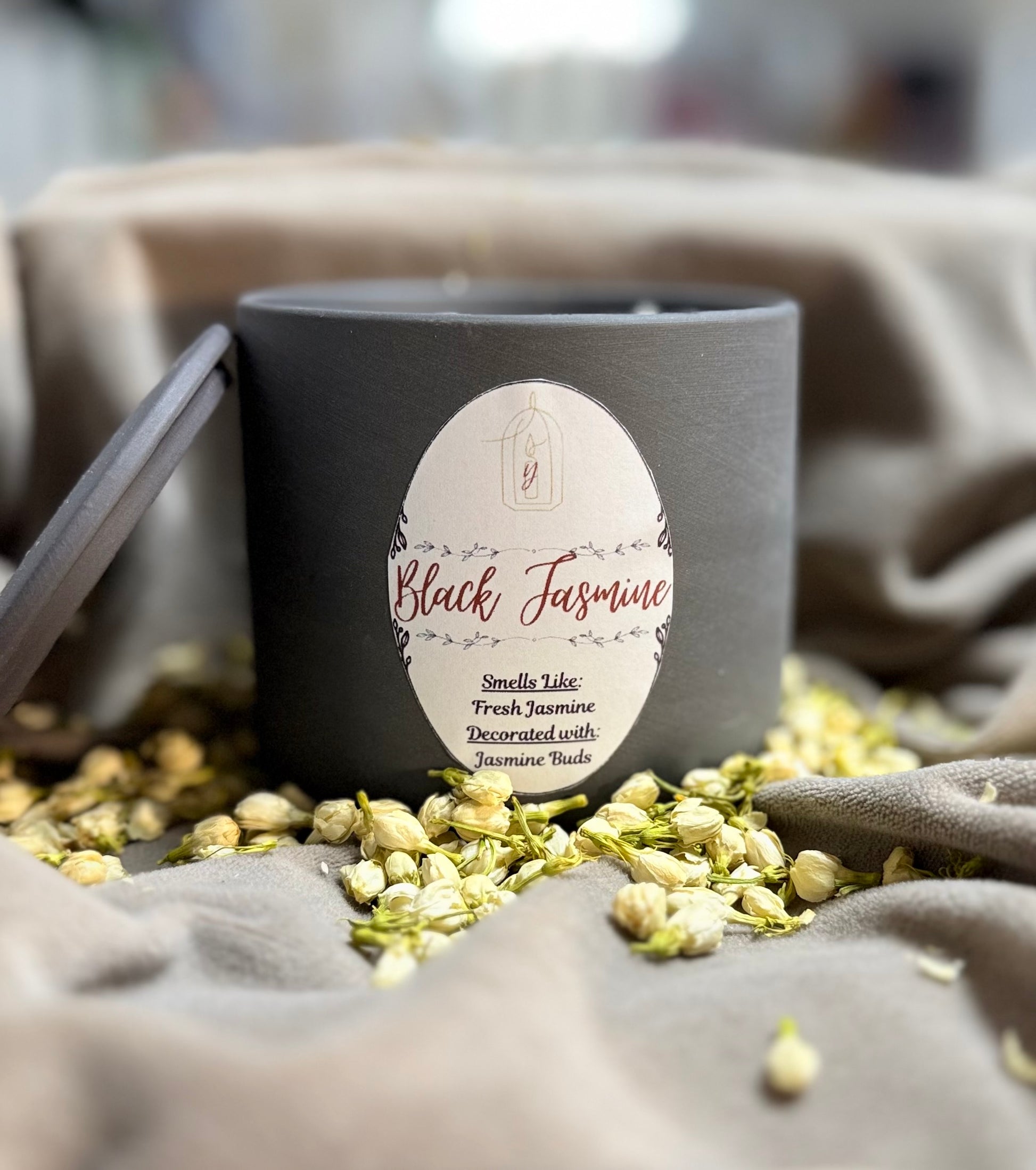 Black Jasmine Luxury Candle - front view - R&W Aesthetics