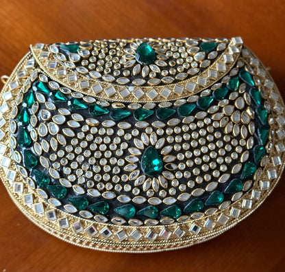 Emerald | Large Handmade Kundan Clutch - detail view - R&W Aesthetics