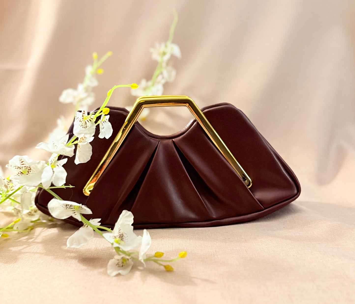 MJ Leather Bag – Unique Soft PU Leather Handbag with Gold Frame Handle - side view - R&W Aesthetics