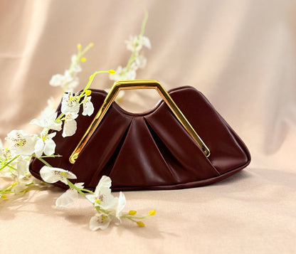 MJ Leather Bag – Unique Soft PU Leather Handbag with Gold Frame Handle - side view - R&W Aesthetics