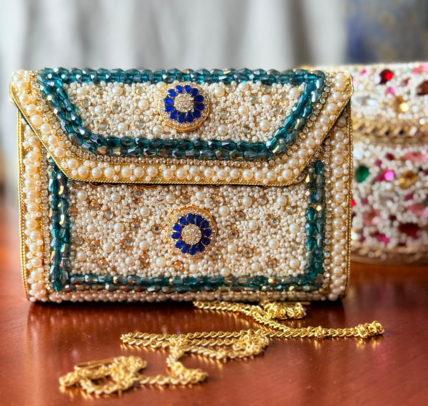 Mughal Saphire| Large Handmade Kundan Clutch - front view - R&W Aesthetics