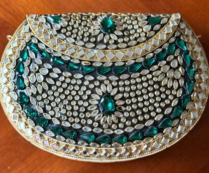 Emerald | Large Handmade Kundan Clutch - side view - R&W Aesthetics