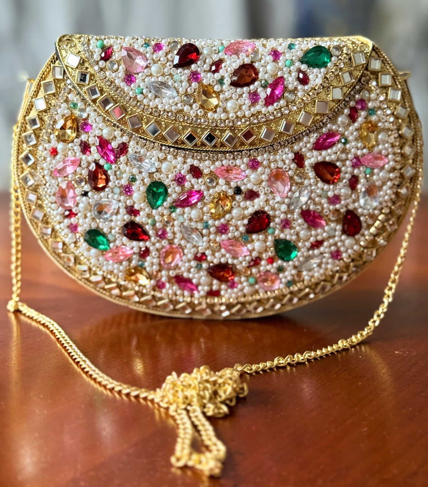 Sahil | Large Handmade Kundan Clutch - front view - R&W Aesthetics