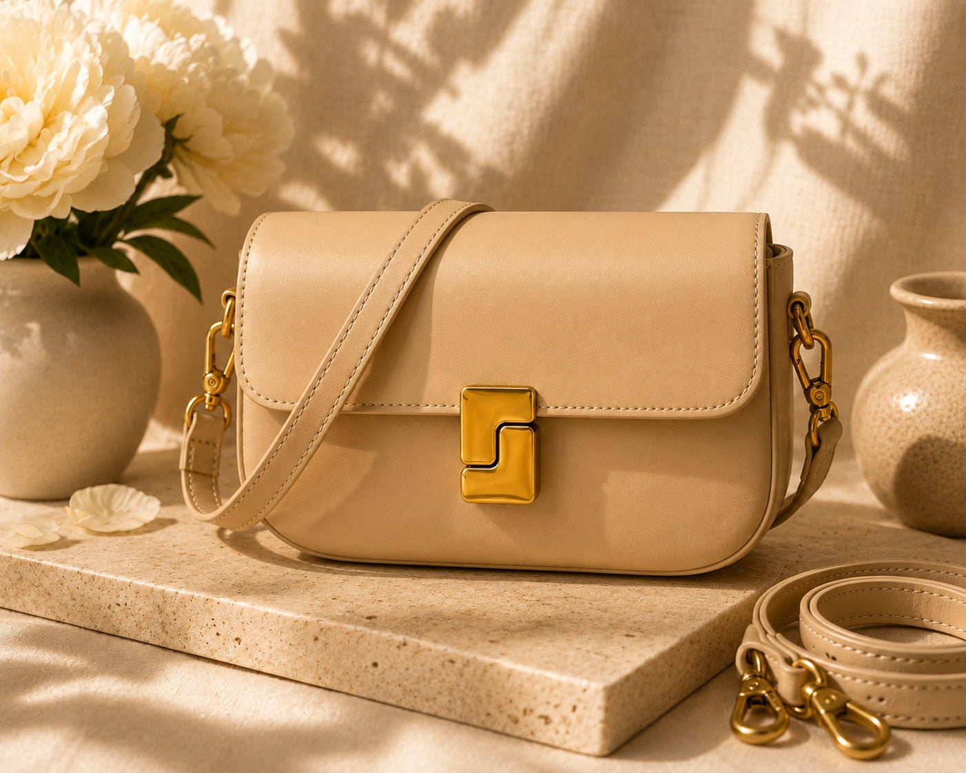 Beige handbag with gold accents on a light wooden surface with flowers and vases in the background