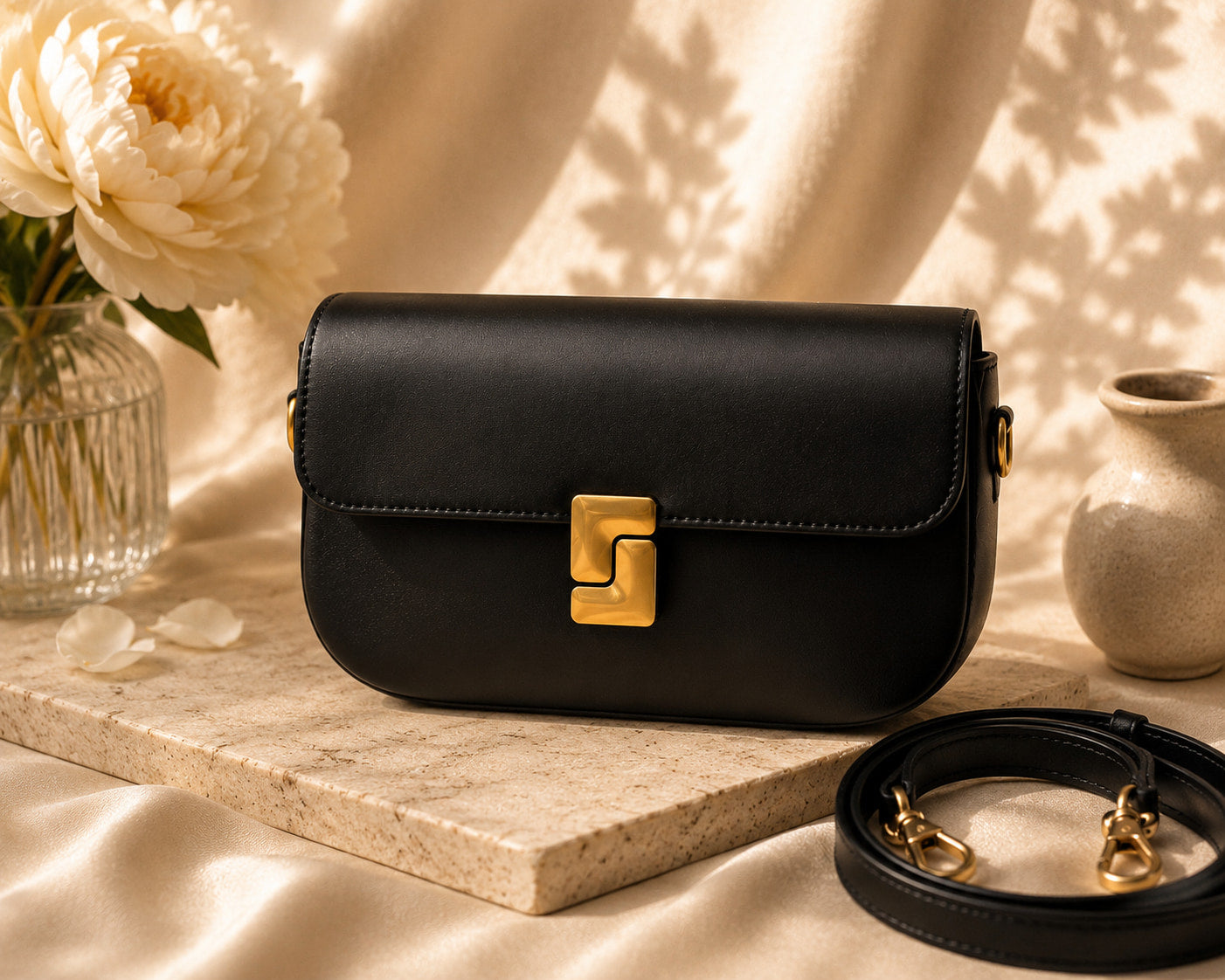 Black handbag with gold clasp on a marble surface with flowers and a vase in the background