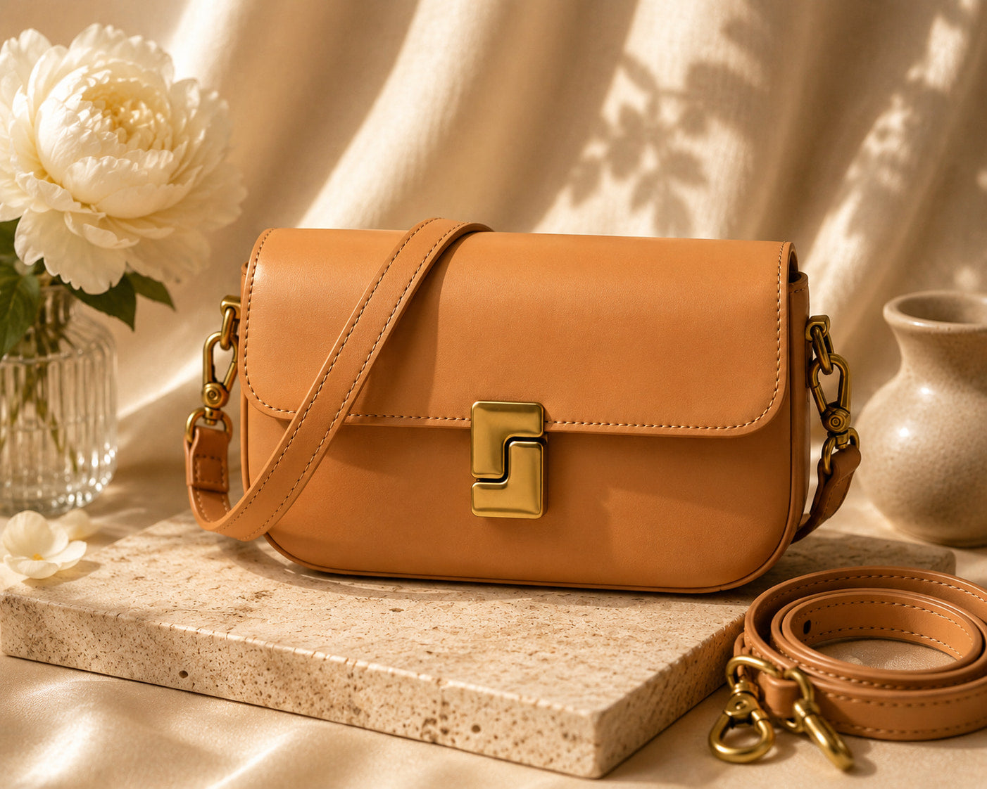 Brown leather handbag with gold hardware on a stone surface with flowers and a vase in the background