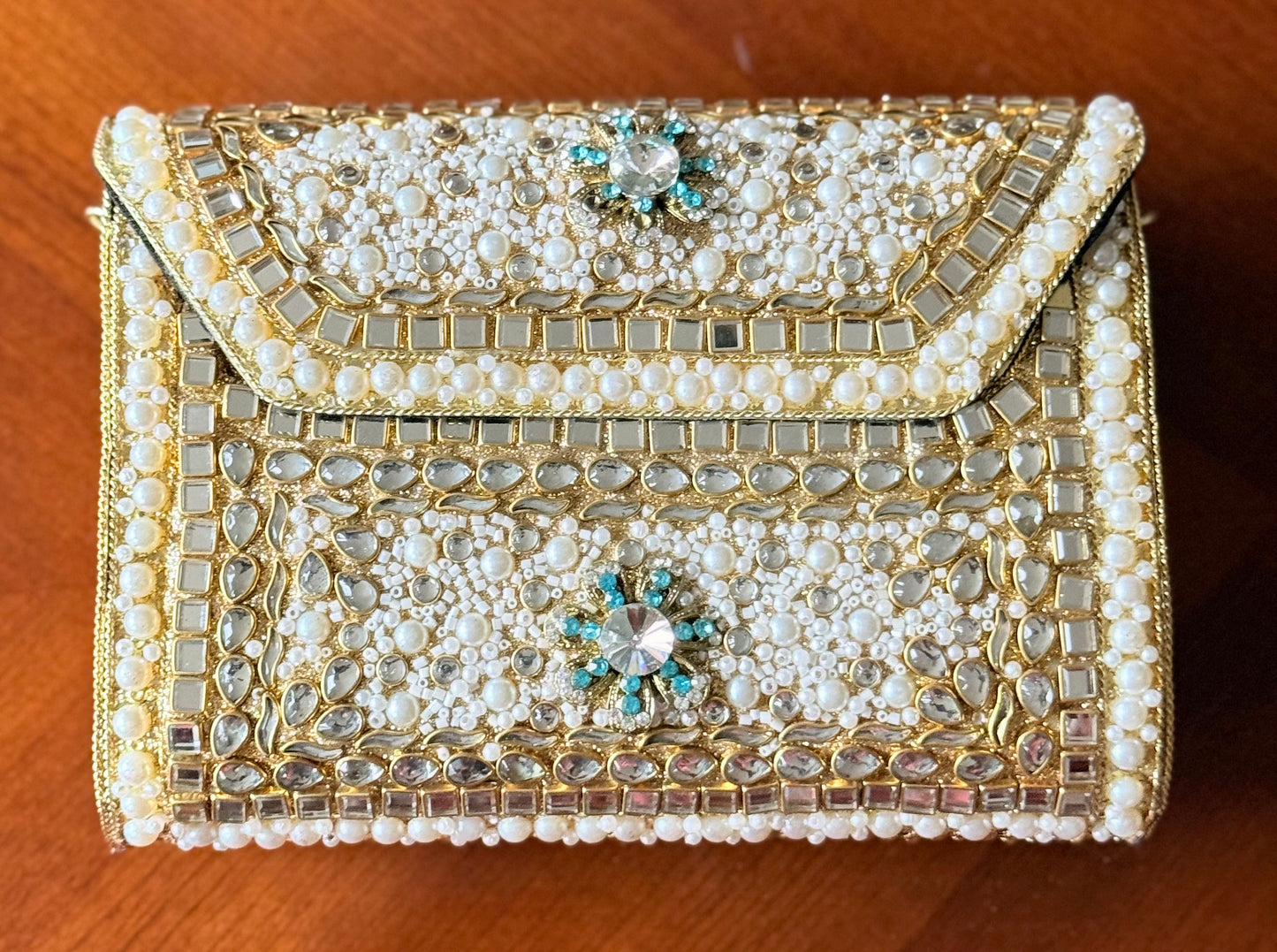 Mughal | Large Handmade Kundan Clutch - open view - R&W Aesthetics