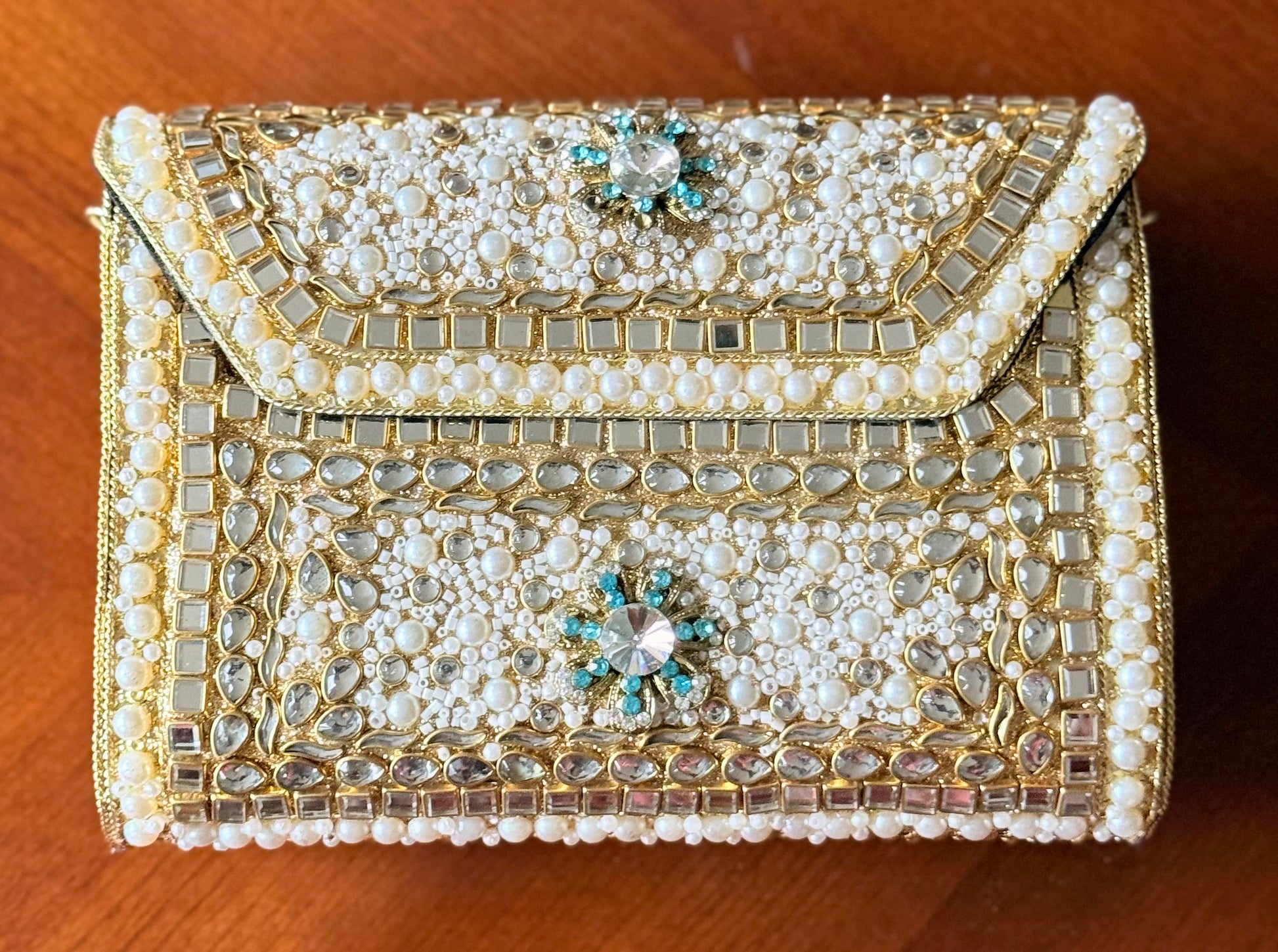 Mughal | Large Handmade Kundan Clutch - open view - R&W Aesthetics