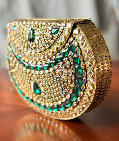 Emerald | Large Handmade Kundan Clutch - open view - R&W Aesthetics