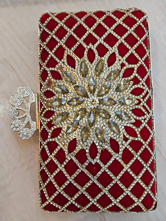 Red Flowered Crown Rectangular Evening Bag