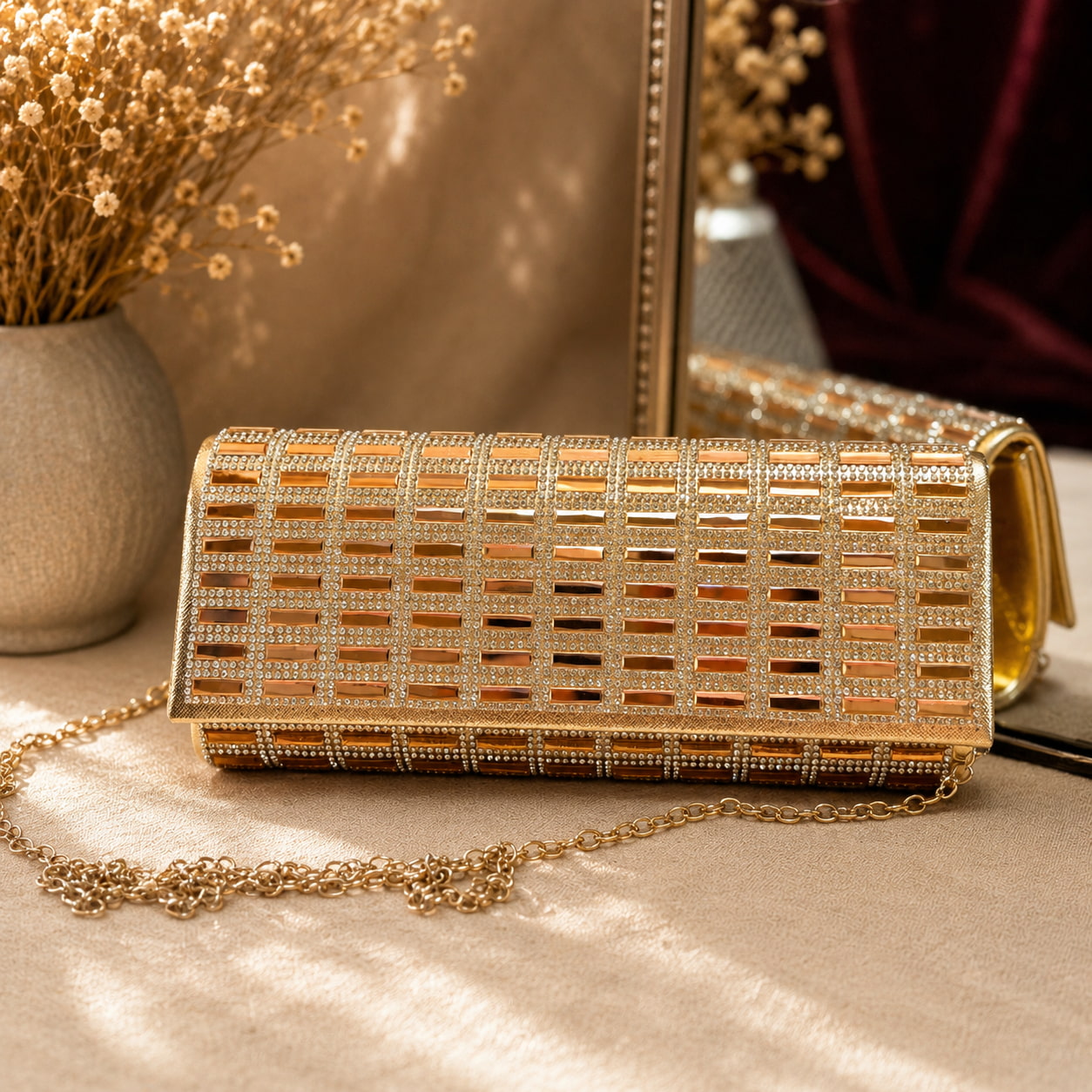 Gold clutch with chain strap on a beige surface with decorative elements