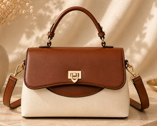 Brown and white handbag with gold accents on a neutral background