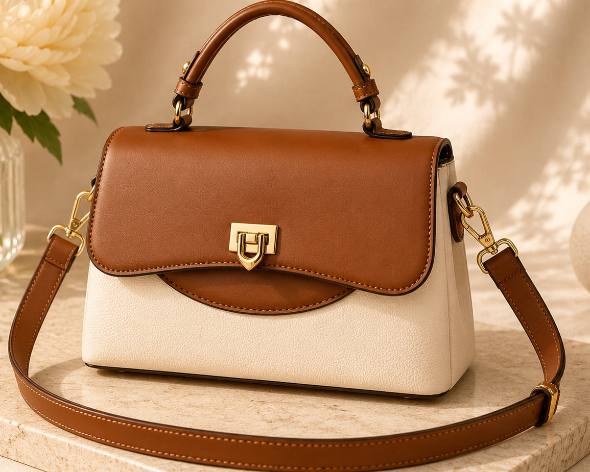 Brown and white handbag on a marble surface with flowers and a vase in the background