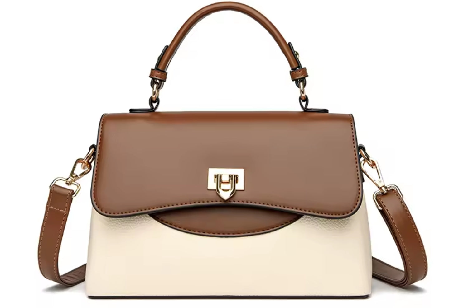 Brown and beige handbag with a gold clasp on a white background