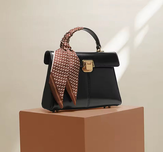 Black Genuine Leather Crossbody bag with Scarf Decor