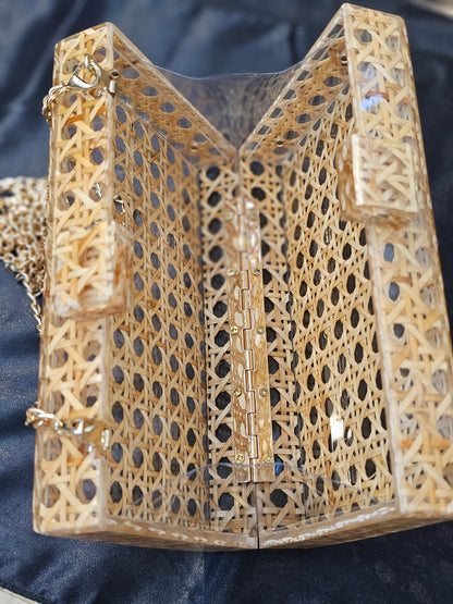 Brown Rattan Acrylic Box Clutch