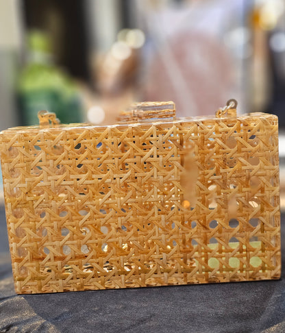 Brown Rattan Acrylic Box Clutch