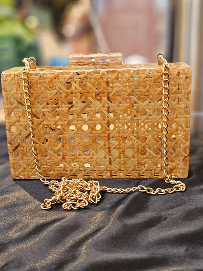 Brown Rattan Acrylic Box Clutch