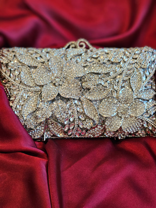 Silver Flower Stones Luxury Clutch Bridal Bag